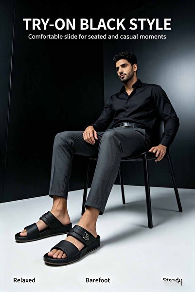 SoftSole KSA صنادل رجالية جلدية سوداء بتصميم سهل الارتداء مع إبزيم قابل للتعد...