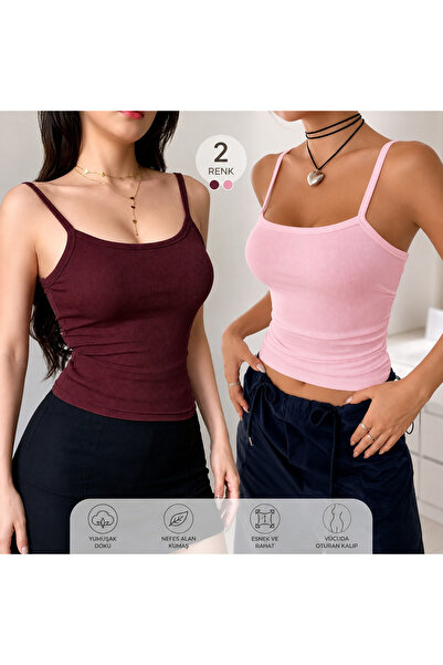 LEMAR MODA Kadın Beyaz Bordo - Pembe Ip Askılı Kaşkorse Atlet 2Li Kadın Atlet...