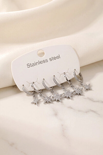 shopwave 316L Steel Silver Color Pole Star Model Women's Earring Set