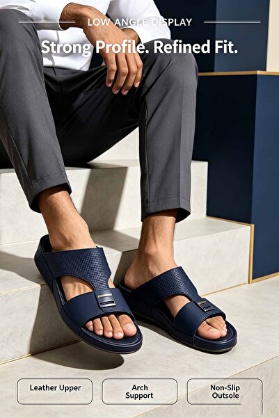 SoftSole KSA Men’s Black Faux‑Leather Slide Sandals Metal Buckle Business‑Cas...