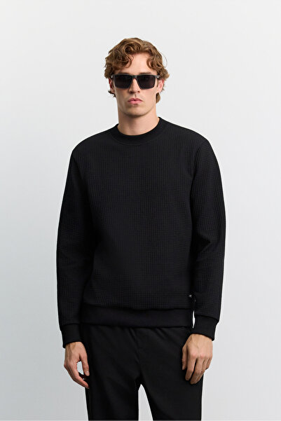 Avva Men's Black Crew Neck Jacquard Sweatshirt A62Y1256
