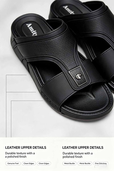 SoftSole KSA صنادل رجالية سوداء من الجلد الصناعي مع مشبك معدني مزخرف، شباشب س...