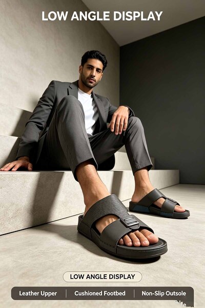 SoftSole KSA صندل رجالي أسود من الجلد الصناعي مع مشبك معدني، نعل سميك مريح لل...