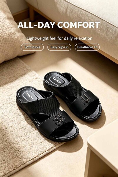 SoftSole KSA صنادل رجالية من الجلد الصناعي باللون البيج على شكل حرف U مع زخرف...