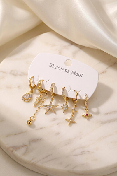 shopwave 316L Steel Gold Color Star Detailed Women's Earring Set