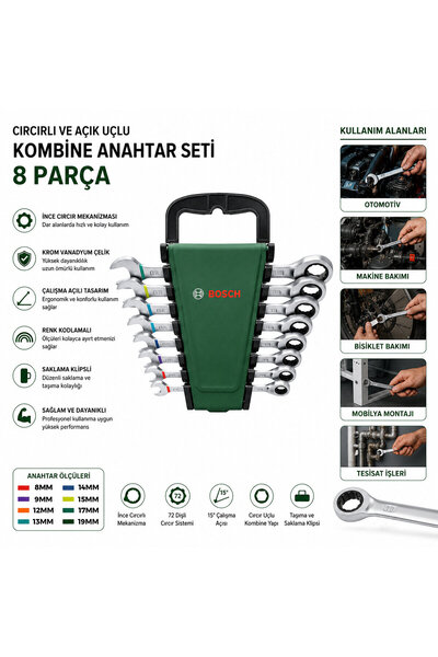 Generic Brand مجموعة مفاتيح بوش 1600A027PS المدمجة 8 قطع 8-19 ملم - مع حامل ب...