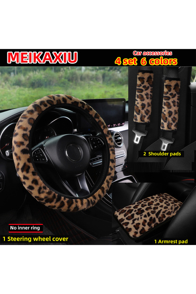 Choice Brown 4-Piece Winter Plush Steering Wheel Cover Leopard Print Comforta...