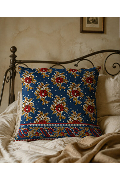 decoarstr Kırmızı-Mavi Çiçek Desenli Boho Vintage Kırlent Kılıfı 43x43 cm - M...