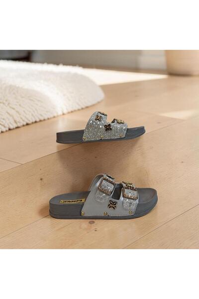 CAPRİ Silver Adjustable Double Buckle Glittery Stone Slippers
