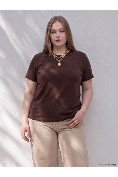 LC Waikiki تي شيرت نسائي LCW Curve Brown مقاس كبير ناعم الملمس