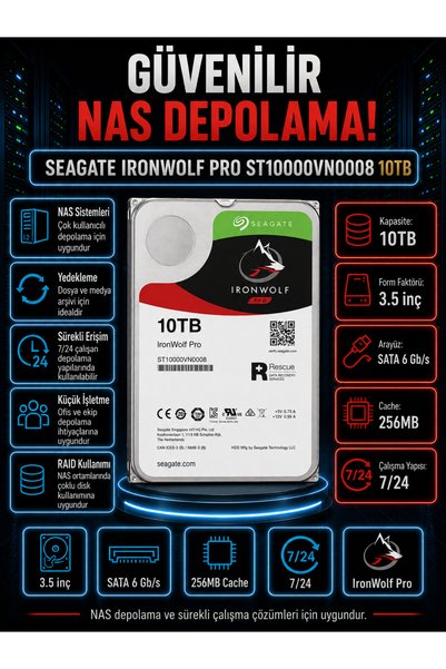 DİSK BANK 10 TB IRONWOLF PRO 3.5 İnç ST10000VN0008 NAS ve Ağ Depolama Sistemi Diski