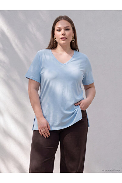 LC Waikiki Lcw Curve Blue Large Size 100% Cotton Women's T-Shirt