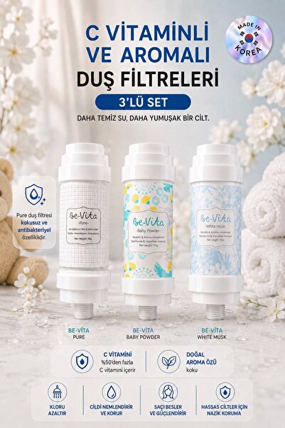 Be-Vita Pure, Baby Powder ve White Musk Duş Filtresi - Saç Dökülme Karşıtı, Cilt Besleyici Klor ve Kireç Arıtıcı Duş Filtresi