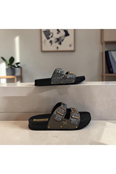 CAPRİ Smoked Adjustable Double Buckle Glittery Stone Slippers