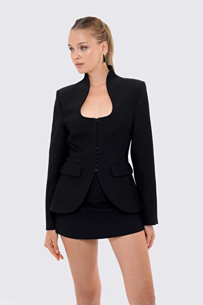 Thalure Kadın Siyah Dik Yakalı Fit Blazer