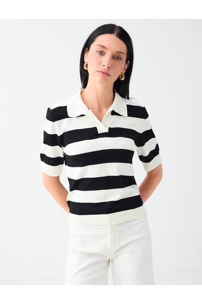 Jimmy Key Black Striped Patterned Shirt Collar Knit Sweater