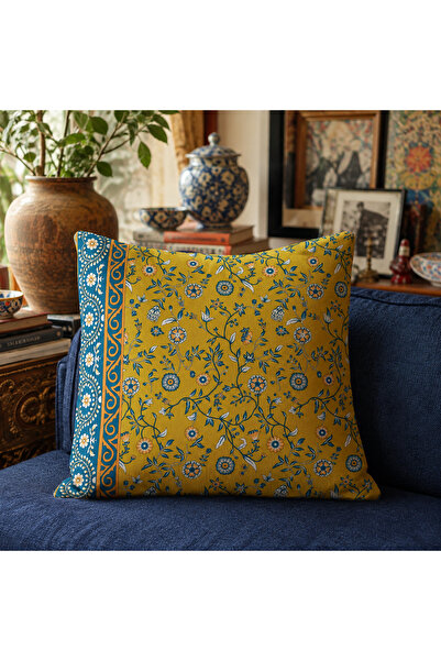 decoarstr Altın Çiçekli Blok Baskı Desenli Boho Vintage Kırlent Kılıfı 43x43 ...