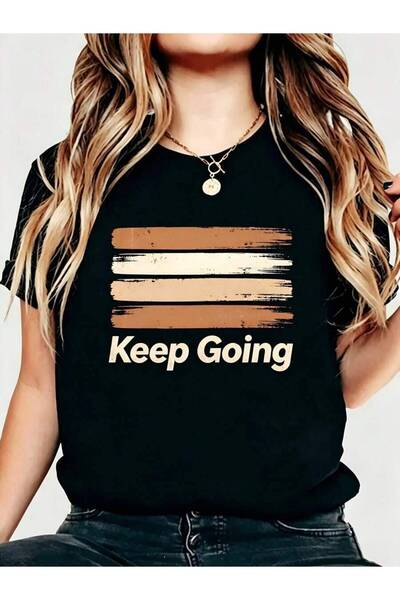 21JNRY تي شيرت نسائي بتصميم ريترو مخطط مع طباعة "Keep Going"، مناسب للارتداء ...