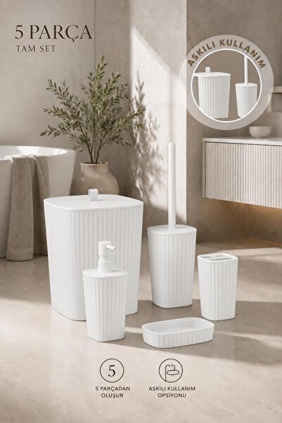 Okyanus Home Yapışkanlı Modern 5'li Banyo Seti - Kırık Beyaz