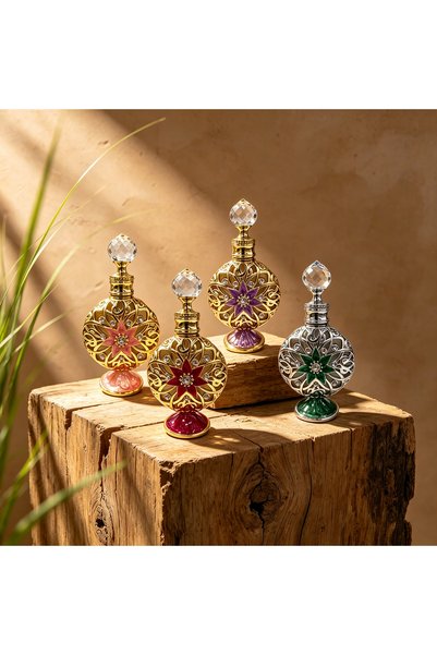 ARIANA Middle Eastern Style Empty Perfume Oil Bottle, Gold Tone Hollow Metal Refillable Essential Oil Container with Clear Crystal Stopper and Rhinestone Accents, Perfect for Attar and Fragrance.