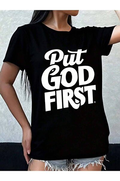 kai22 Oversized Women's T-Shirt Loose Fit Flat Print Put God First Tee Women'...