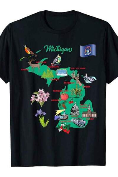 NOURAM Michigan Map With Major Cities Tourist Destinations, USA T-Shirt.JpgSa...
