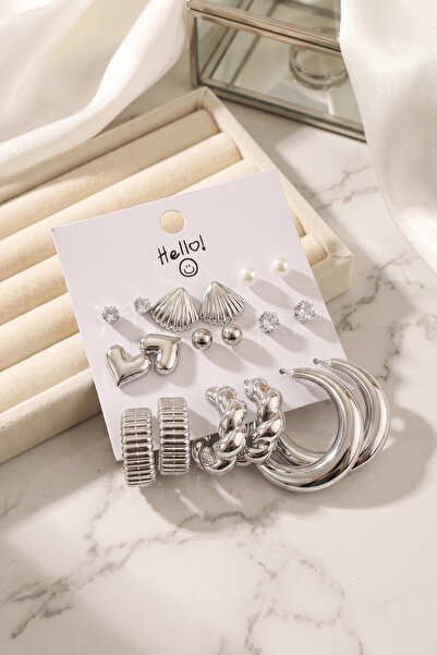 Skygo Silver Color Metallic Coated Seashell Detailed Ccb 9 Pair Earring Set T...