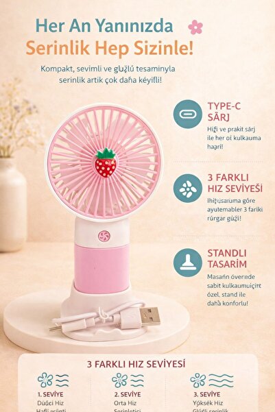 JASPER Mini Taşınabilir Çilek Figürlü Sessiz El Fanı 3 Hız Ayarl Mini El Perv...