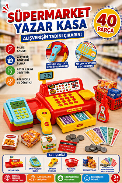 hak-iş oyuncak 40 Parça Süpermarket Yazar Kasa Oyun Seti | Market Aksesuarlı ...