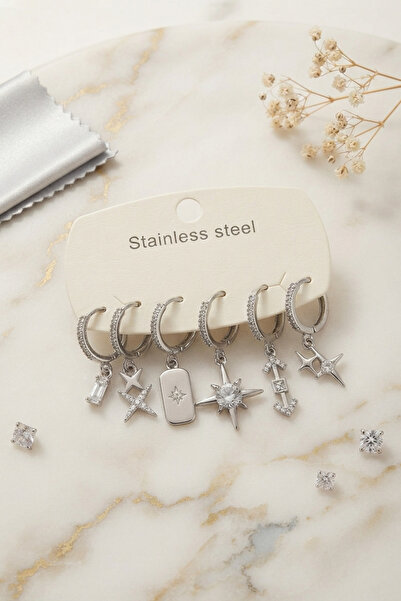 Generic Brand Polar Star Detailed 316L Steel Women's Earring Set Silver Color