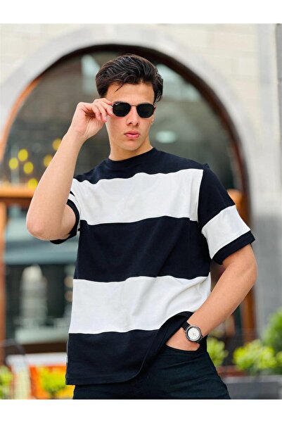 urban wear URBAN Erkek SİYAH BEYAZ Kısa Kollu Oversize Tişört - 2421