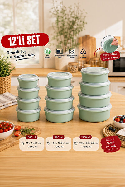Porsima 5318 12 Parça Yuvarlak Hava Tahliye Valfli Erzak Yiyecek Saklama Kabı Seti – Yeşil (3 Farklı Boy x 4 Adet)