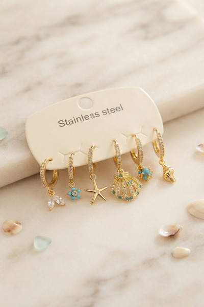 Skygo 316L Steel Gold Color Sea Shell Concept Women's Earring Set Tj-Bkp12086