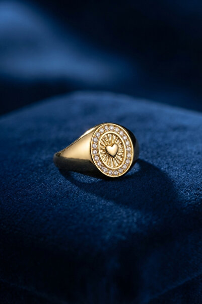 Skygo Zircon Stone Heart Detailed Gold Color Women's Ring Tj-Byk4238