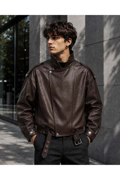 YESİ Oversize kemerli erkek deri ceket