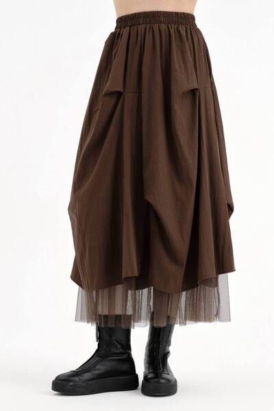 tw3 Women's Long Skirt with Tulle Fabric Detail and Elastic Waist Design
