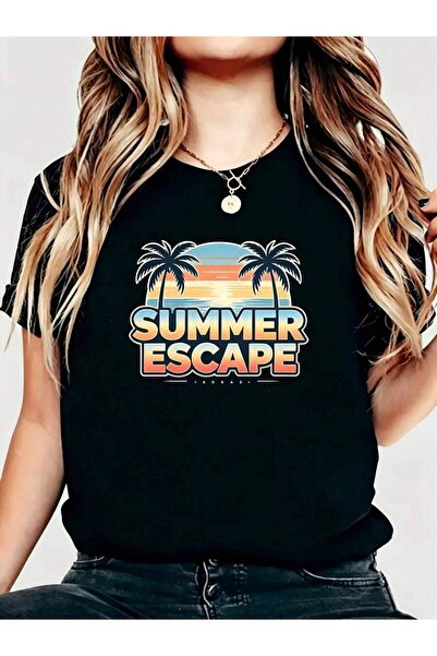 21JNRY Retro Vintage Style Women's T-Shirt Summer Escape Palm Tree Sunset Gra...