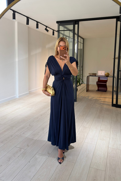 Sezgi Tekin Low-Cut, Cuffed Sleeves, Navy Blue Maxi Dress