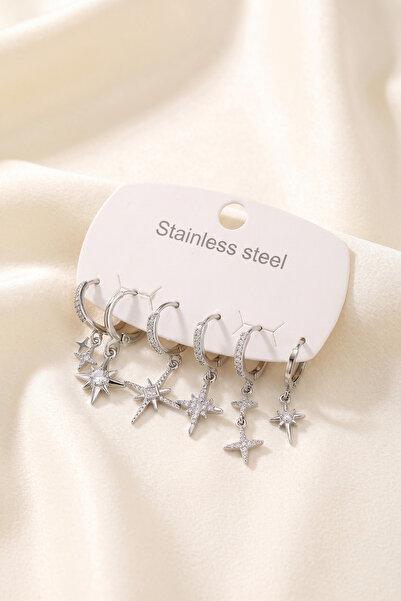 Skygo 316L Steel Silver Color Zircon Stone Pole Star Model Women's Earring Se...