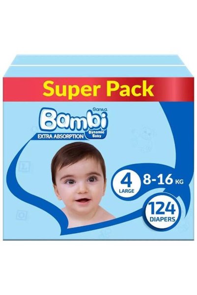 BAMBY مقاس (4) علبة جامبو تحتوي على 124 حفاضة - راحة وأمان لطفلك