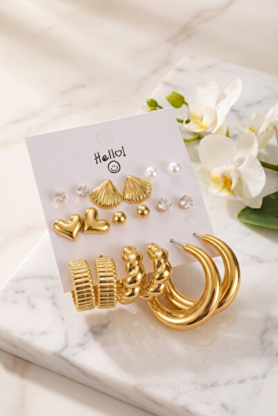 Epilons Gold Color Metallic Coated Seashell Detailed Ccb 9 Pair Earring Set