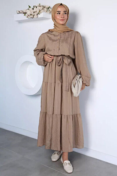 TOZLU Buttoned Front Hijab Dress with Elastic Waist and Ankle Belt Detail
