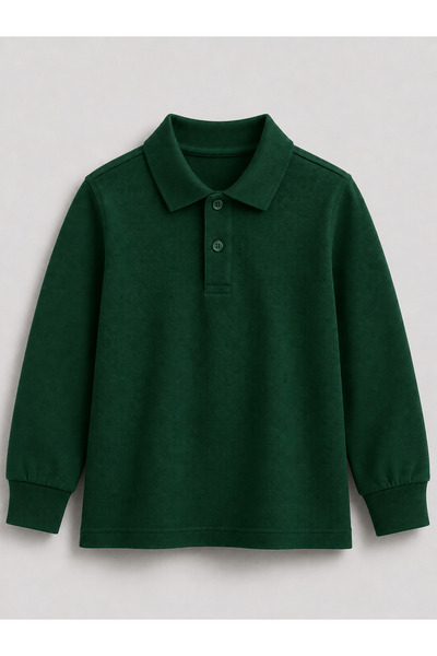 Bambino Unisex Çocuk Koyu Yeşil Uzun Kollu Polo Yaka Okul Tişörtü – %100 Pamuk