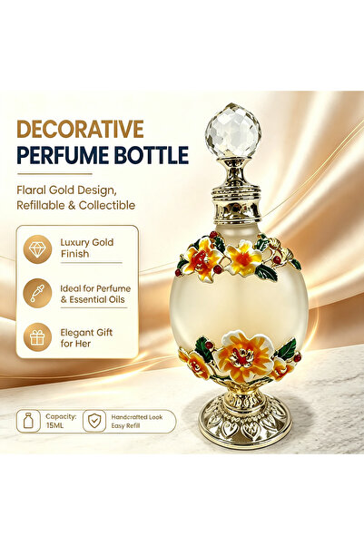 ARIANA 15ml Attar Oud Perfume Oil Bottle, Frosted Glass with Floral Metal Acc...