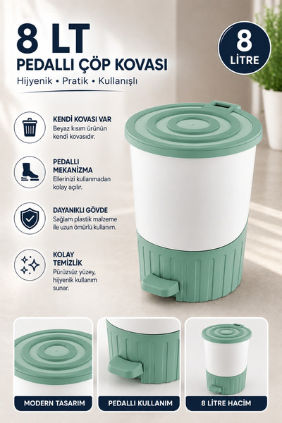 Virela Home 8 LT Pedallı Kendi Kovalı Çöp Kovası Kolay Temizlenebilir Banyo v...