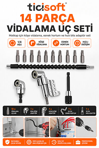 Ticisoft 14 Parça Matkap İçin Vidalama Uç Seti 1/4 Hex Köşe Vidalama Adaptörü...