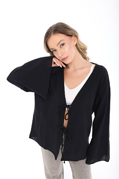 Freemen Kadın Siyah Oversize Keten Kimono & Bağlama Detaylı Yarasa Kol Rahat Kalıp