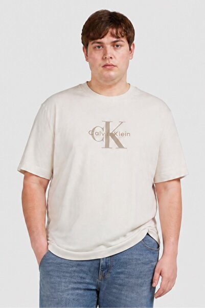 Calvin Klein Jeans Men Crew Neck Brand Logo Short Sleeve T-Shirt, Beige