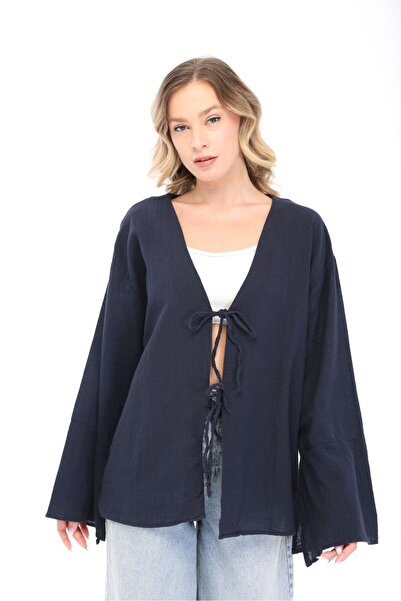 Freemen Kadın Lacivert Oversize Keten Kimono & Bağlama Detaylı Yarasa Kol Rahat Kalıp
