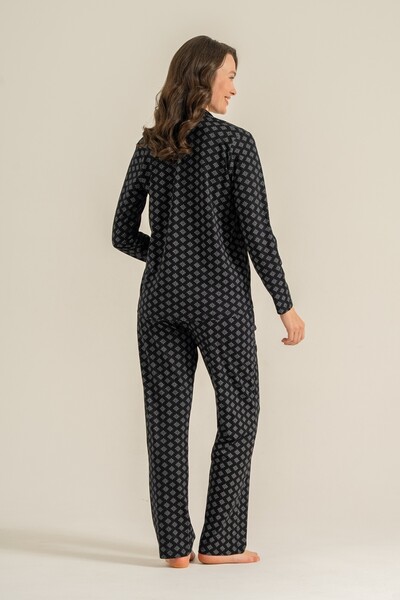 Pierre Cardin Women's Black Modal Shirt Collar Black Pajama Set, Combed Cotton Modal Pajama Set, 50% Cotton 50% Modal